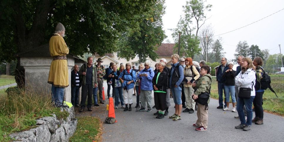 Ett antal personer som deltar i en vandring står och lyssnar när en guide berättar
