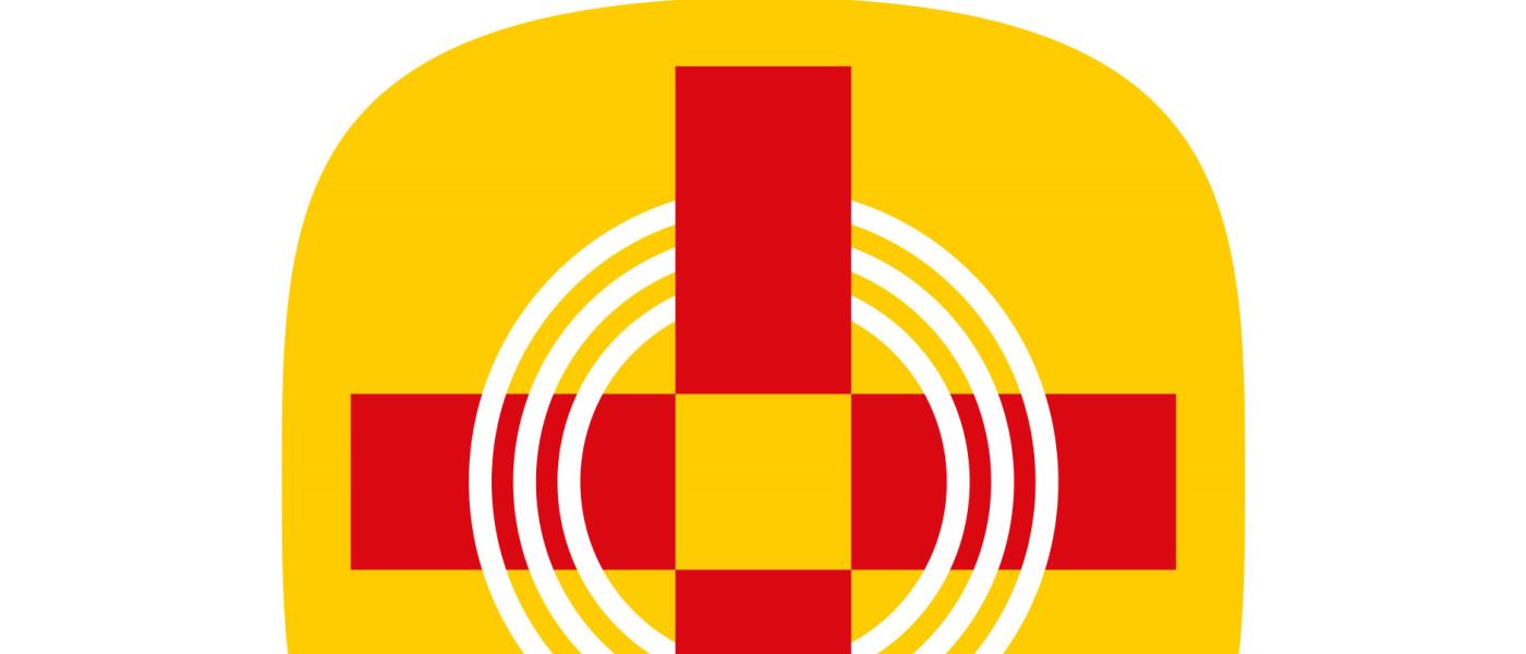 Pilgrimsvägens logotyp är ett rött kors mot en gul bakgrund