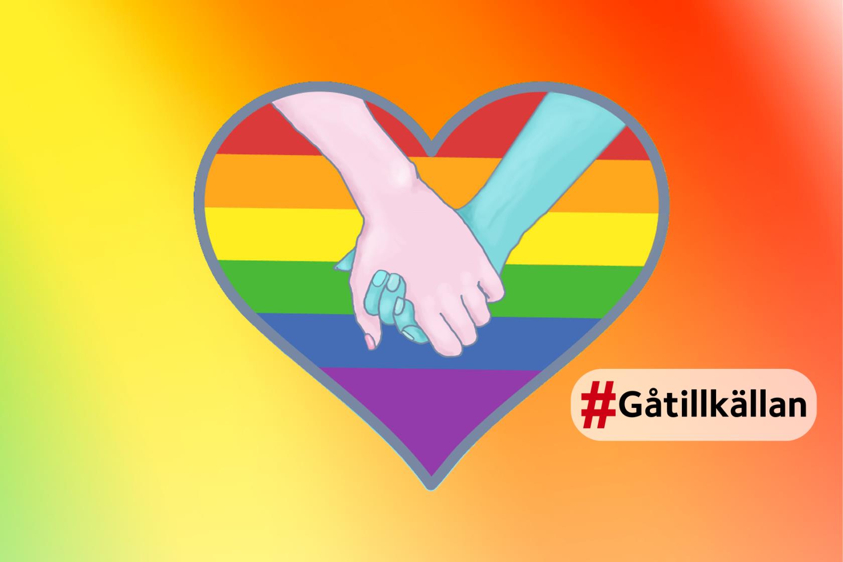 Illustration av regnbågsfärgat hjärta och två som håller handen.