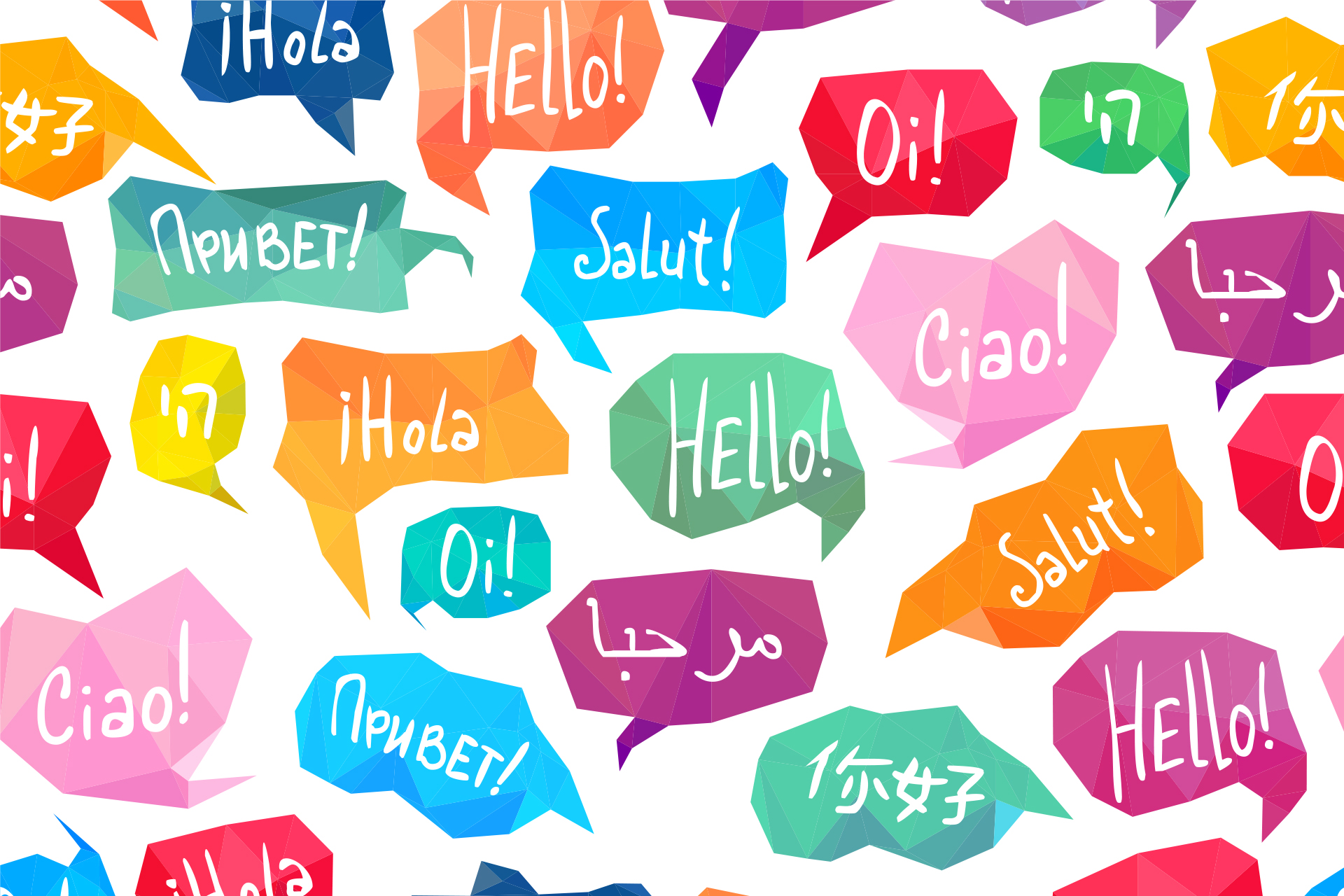 Bild med pratbubblor med texten "Hej" på olika språk. Picture with speech bubbles with the text "Hello" in different languages.