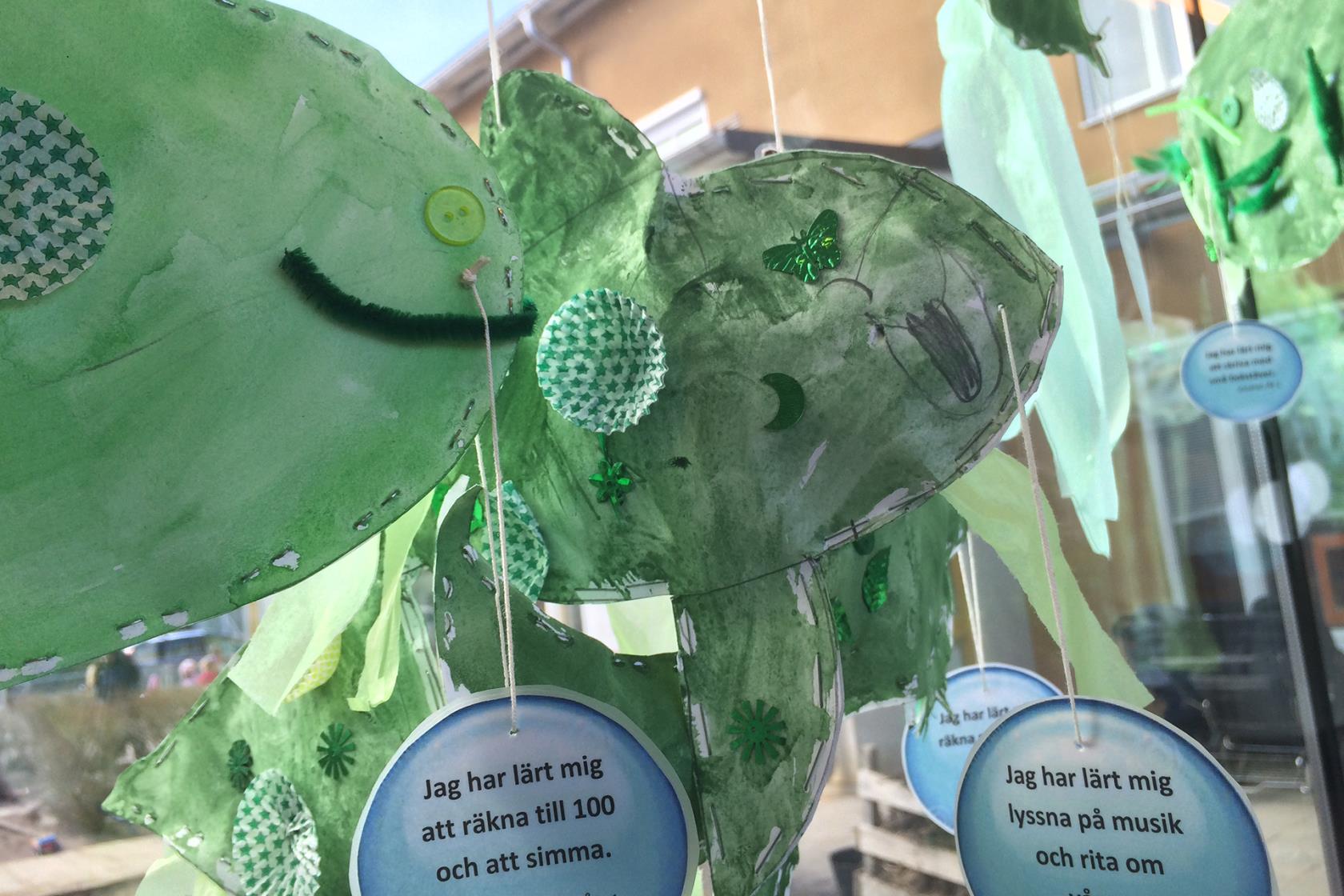 Gröna tecknade fiskar, bubblor med text om vad eleverna har lärt sig.