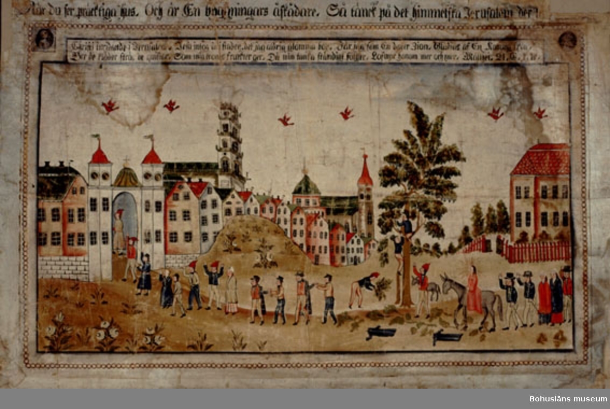 Bonadsmålning från Dalarna, troligen av Ivares Anders (1775-1835), en av Ivaresmålarna från Rovgärde i Rättvik.  Motivet skildrar Jesu intåg i Jerusalem.