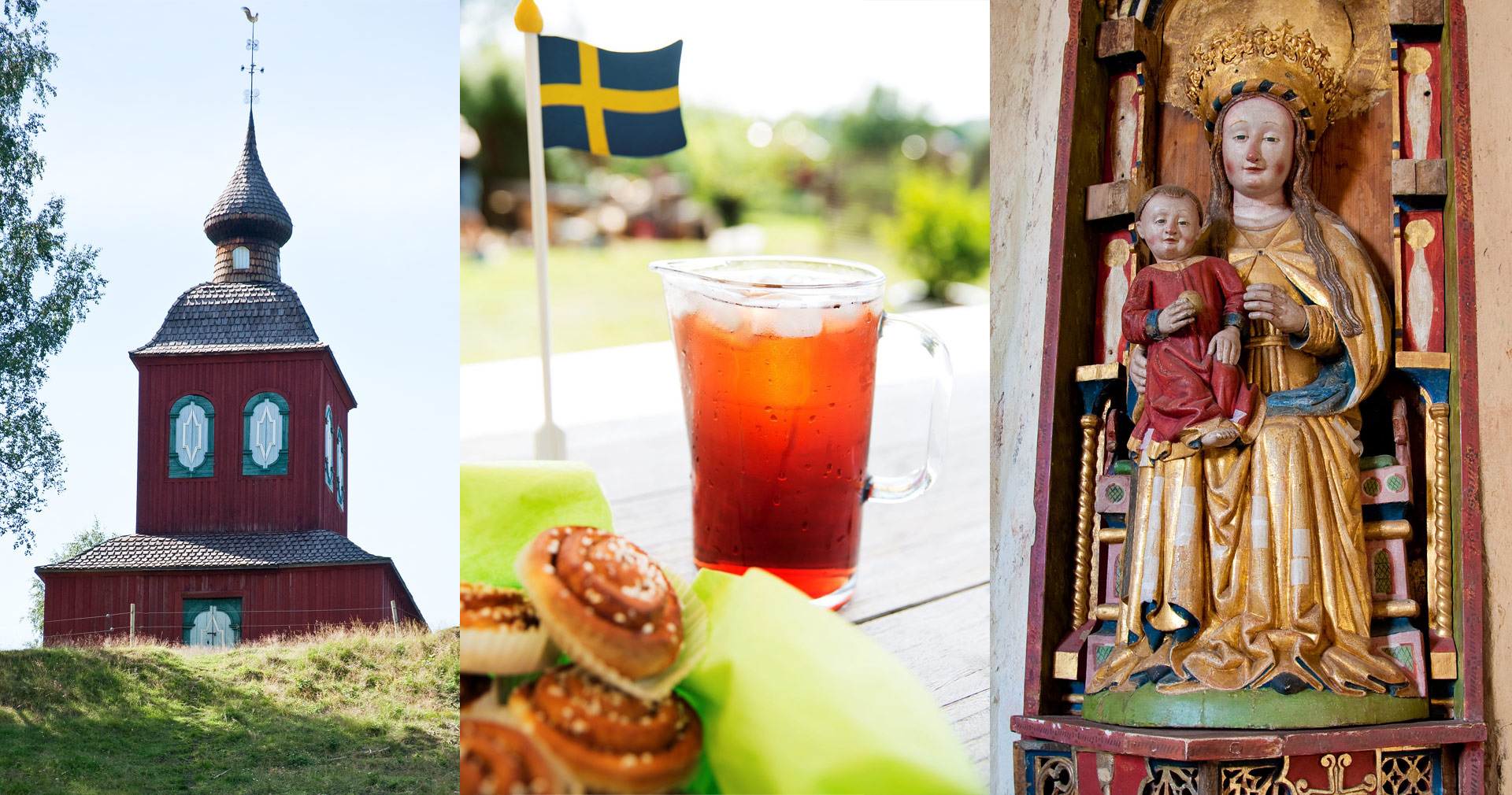 Kollage av tre bilder: Klockstapel, saft och bulle, medeltida madonna