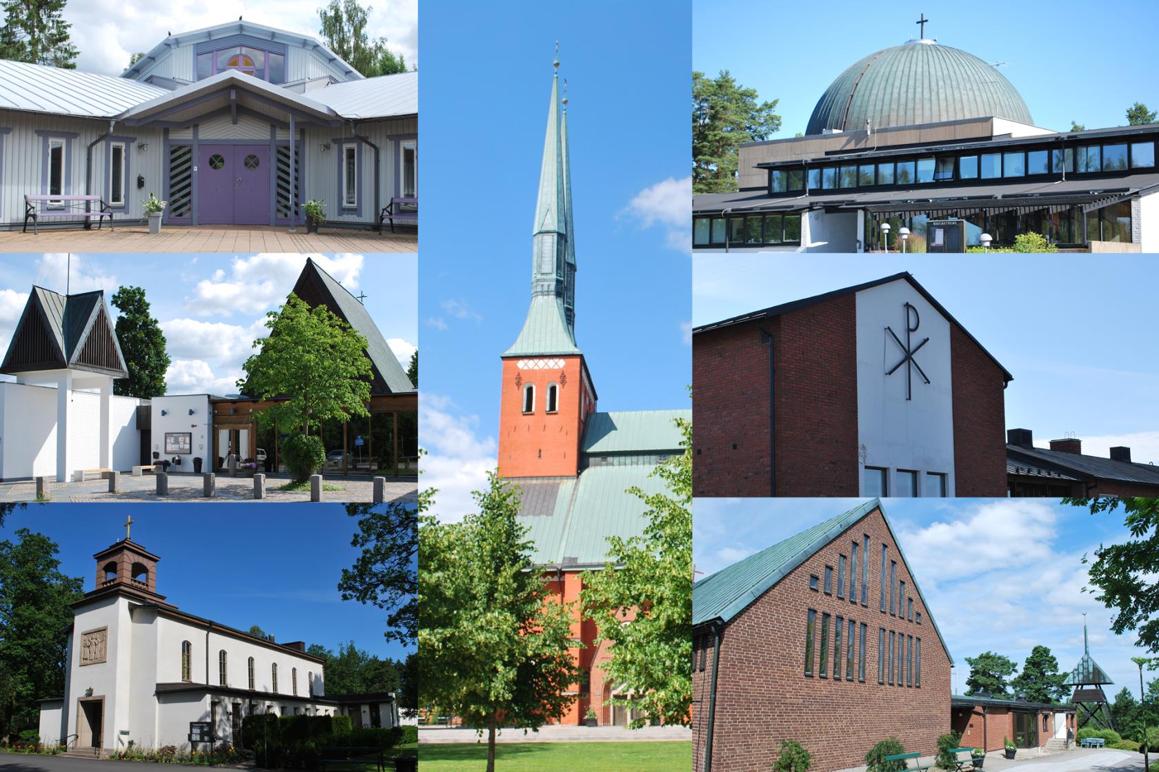 Bildkollage med kyrkorna i Växjö stads- och domkyrkoförsamling