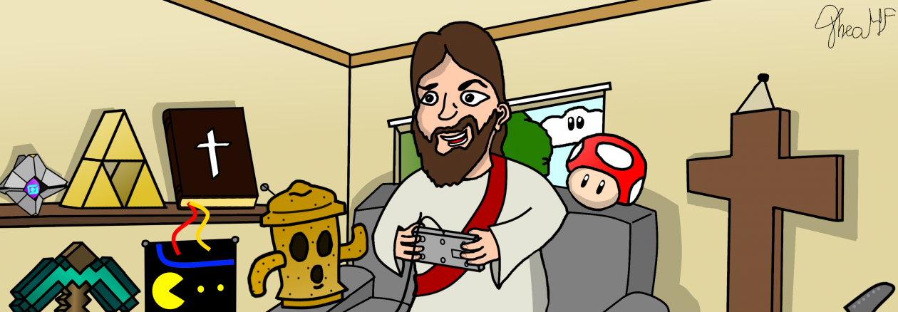 FeteLans grafik, med en tvspelande Jesus i en soffa