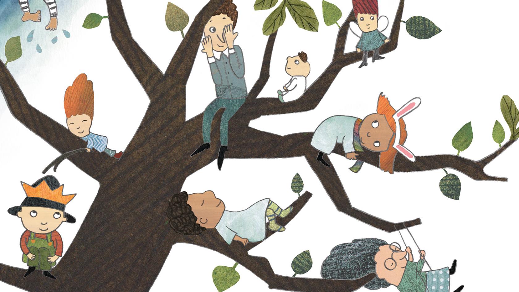 Illustration av bar som leker och klättrar i ett träd.
