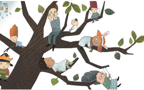 Illustration av bar som leker och klättrar i ett träd.