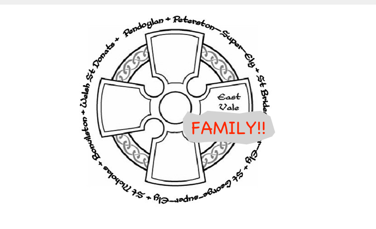 Syntolkning: Ett stiliserat liksidigt kors med text runt om, namnen på kyrko som ingår i East Vale.