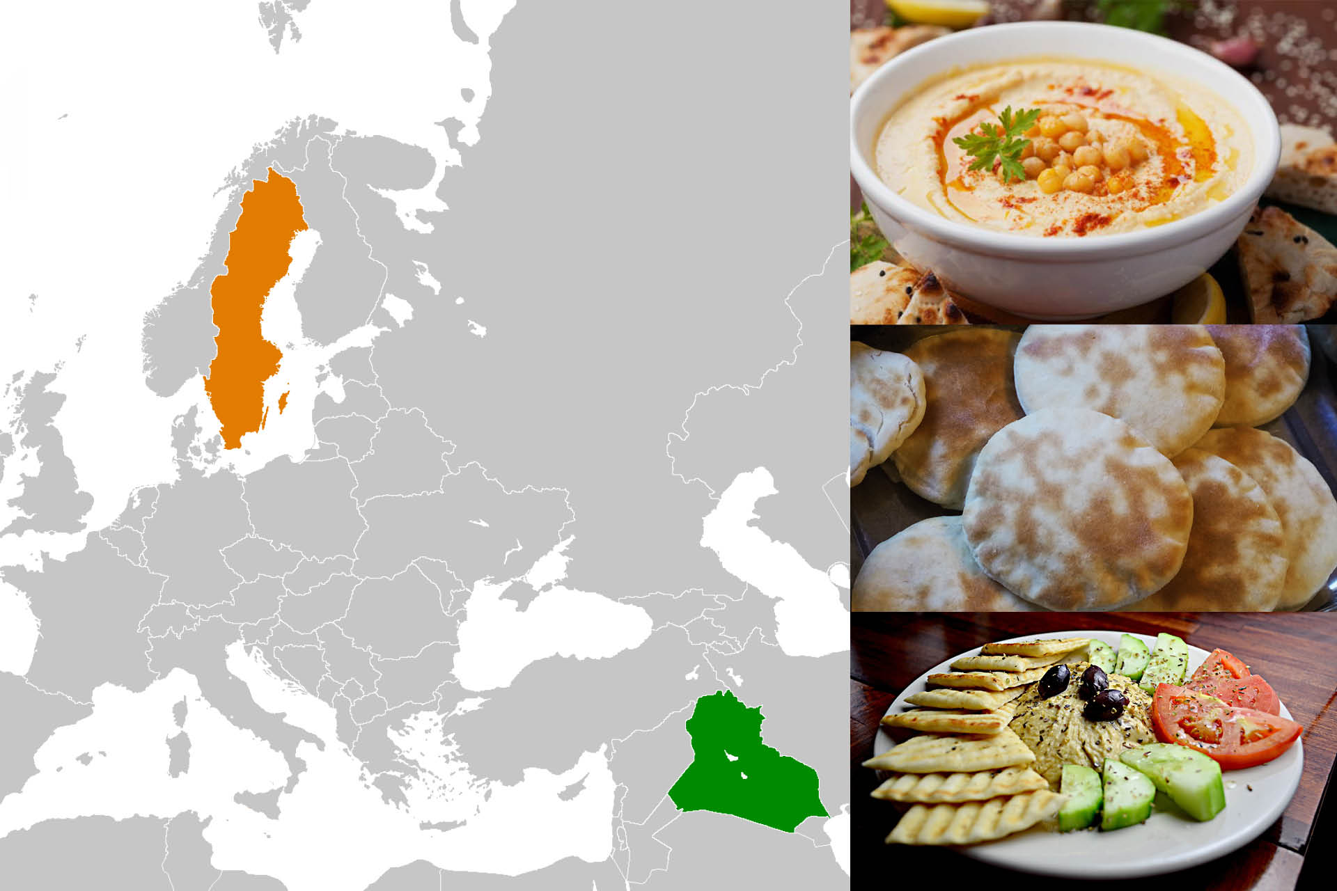 Karta som pekar ut Sverige och Irak. Arabisk mat.