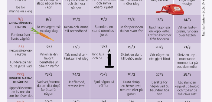Nu startar 40 dagar fasta och förberedelsetid inför påsken. En möjlighet att ta bort och skala av för att hitta fokus. Kanske vill du följa denna fastekalender?