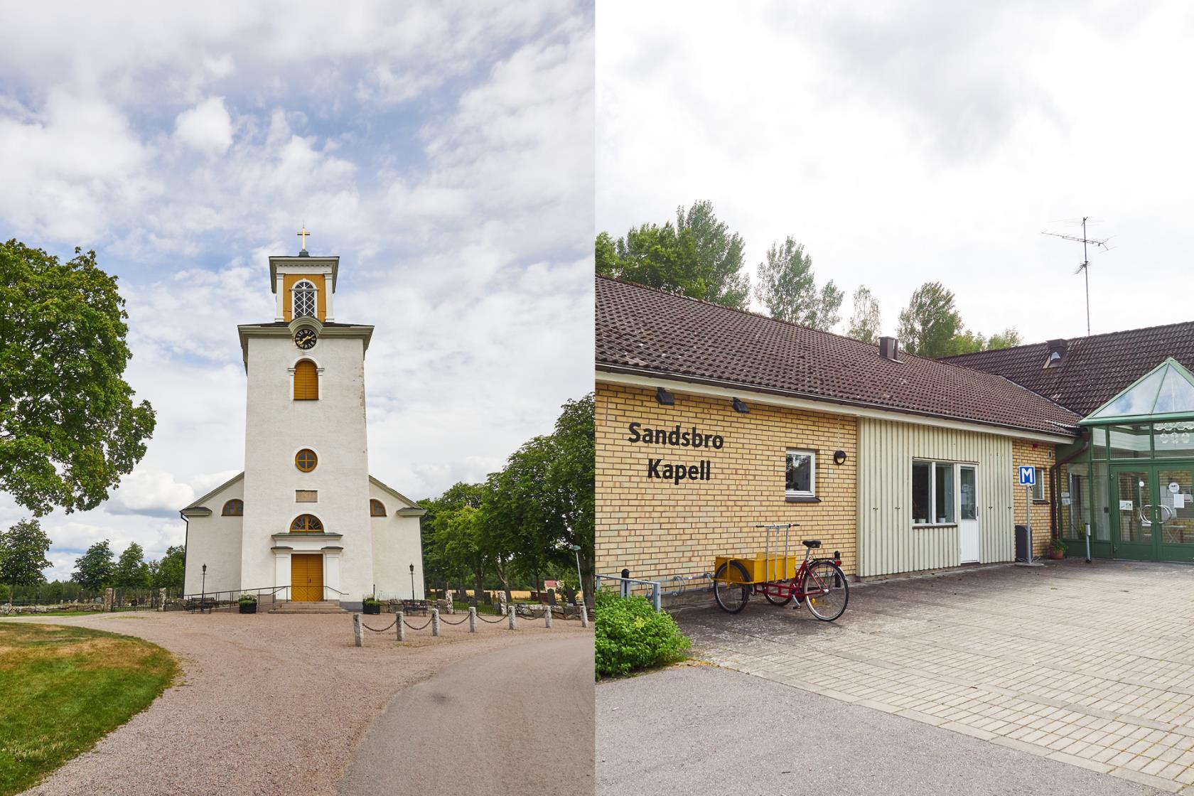 Kollage med exteriörbilder av Gårdsby kyrka och Sandsbro kapell.