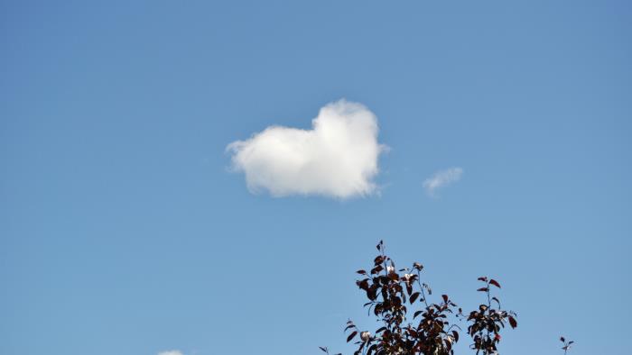 Ett moln har formen av ett hjärta på den blå himlen.