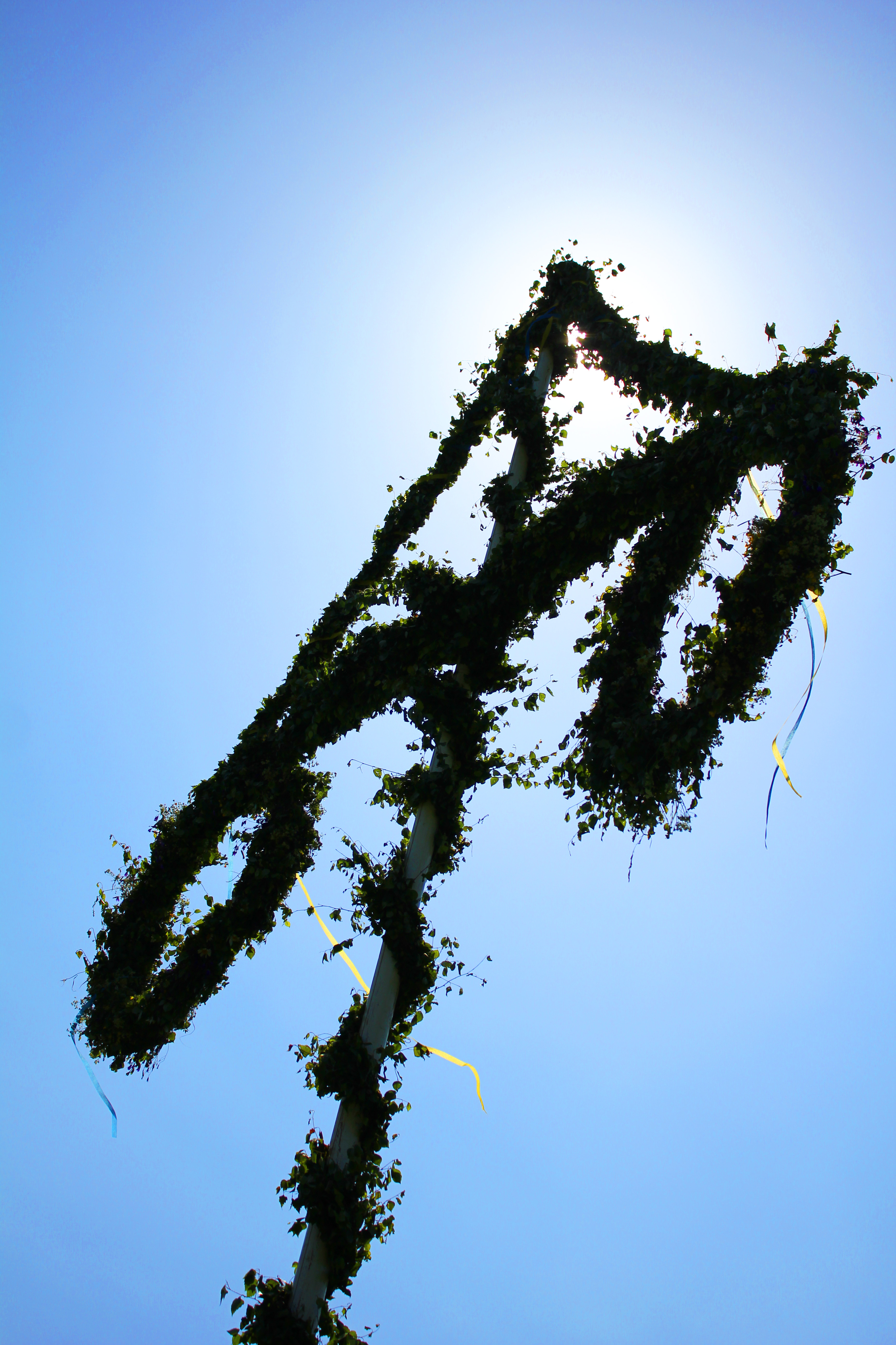 En midsommarstång mot blå himmel.