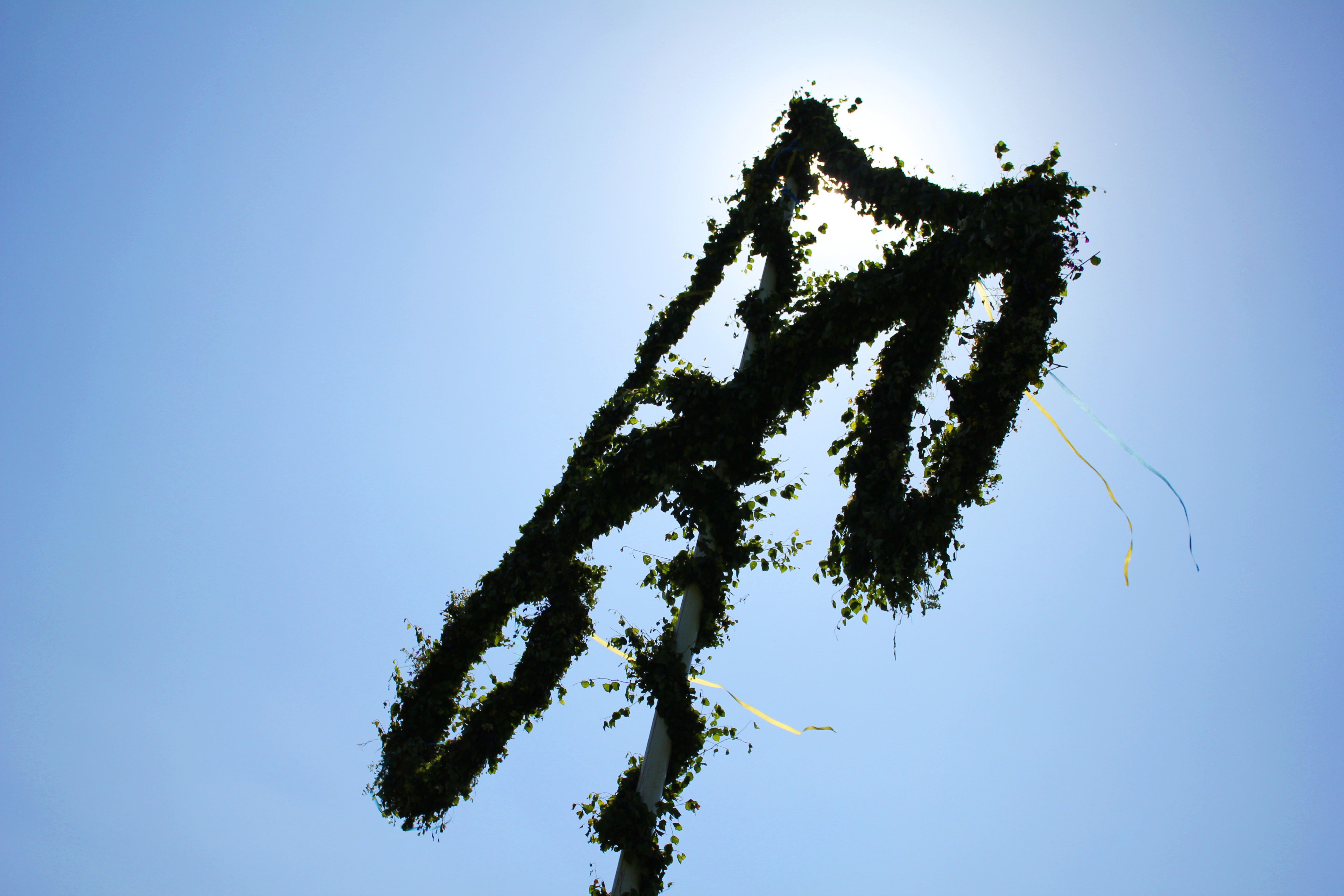 En midsommarstång mot blå himmel.