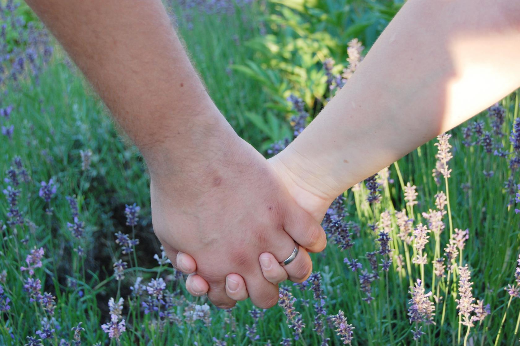 Två personer håller hand på en blomsteräng.