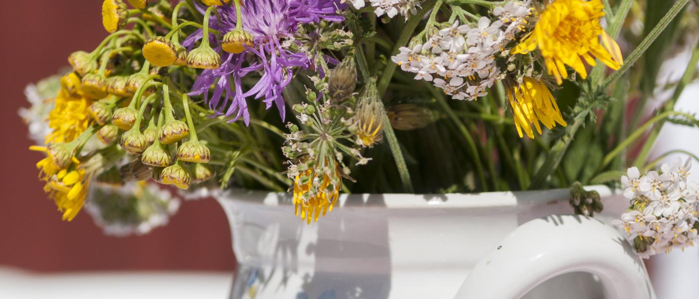En bukett sommarblommor i en kruka på ett bord.