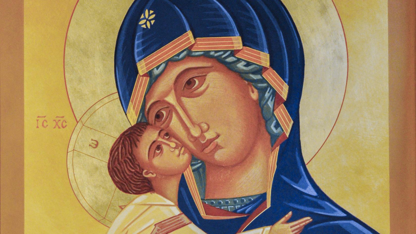 Målad ikonbild av Maria och Jesusbarnet.