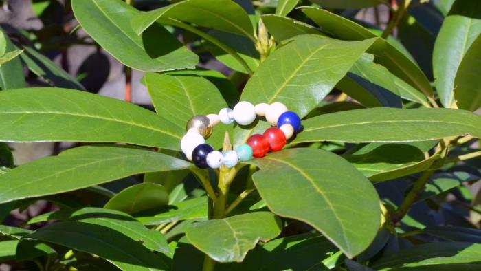 Ett pärlarmband med pärlor i olika färger och former ligger på en grön växt i solen.