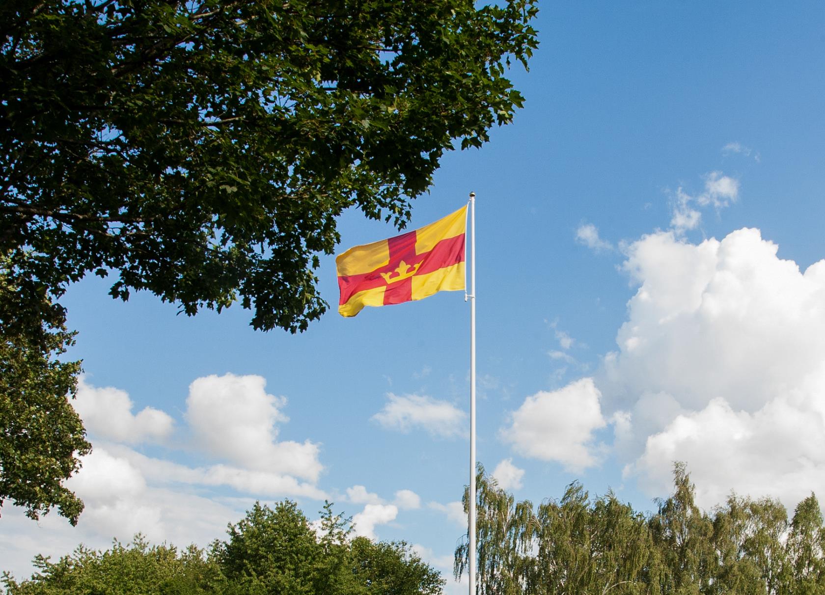 En flaggstång med Svenska kyrkans flagga mot blå himmel. Träd i bakgrunden.