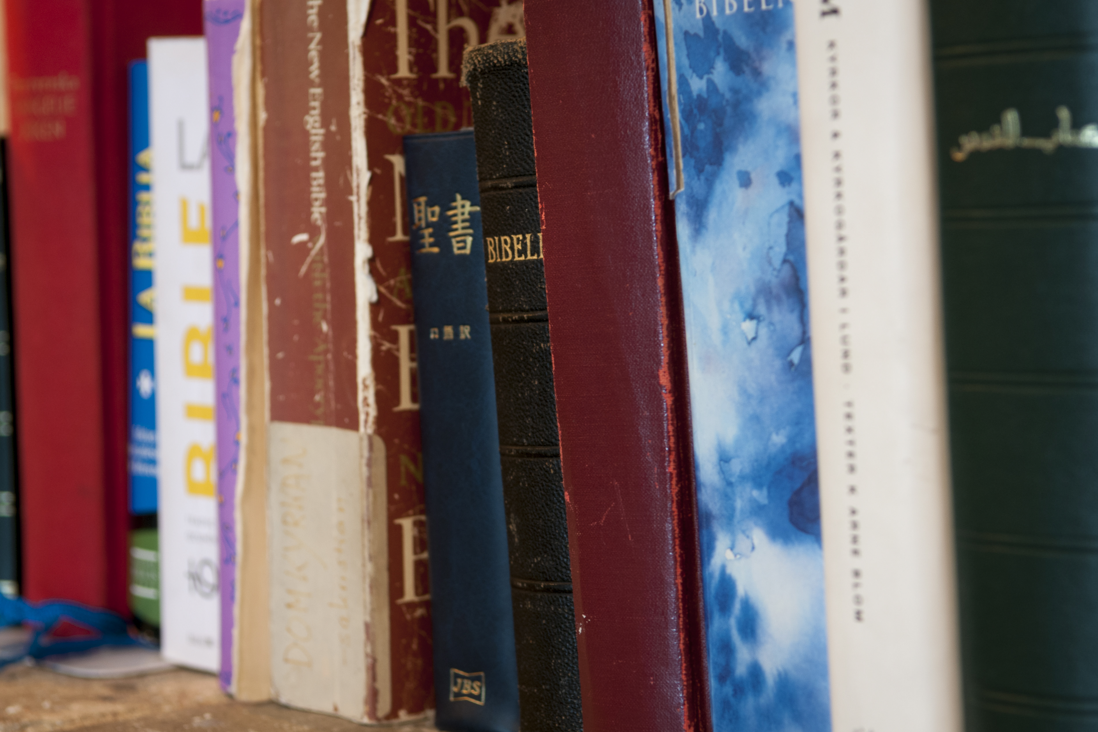 Närbild på några biblar på olika språk.