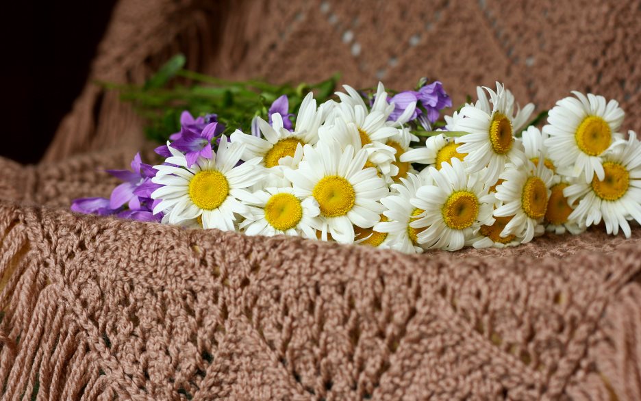 En bukett med vilda blommor ligger på en brun stickad filt.