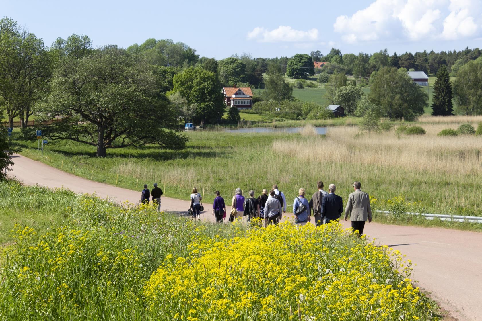 En grupp människor går på en grusväg en solig sommardag.