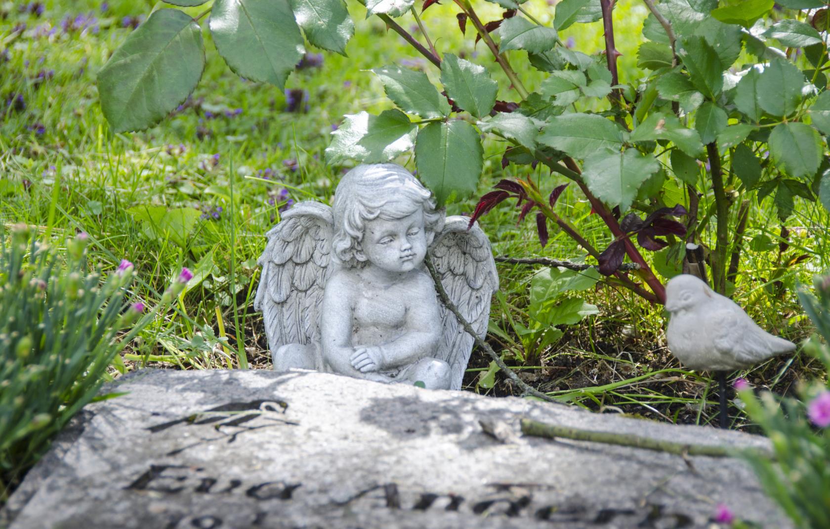 En stenängel står bakom en gravsten på marken.