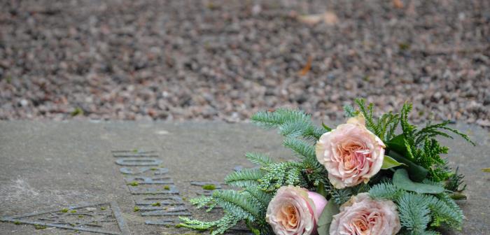 En bukett ljusrosa rosor ligger på en gravsten.