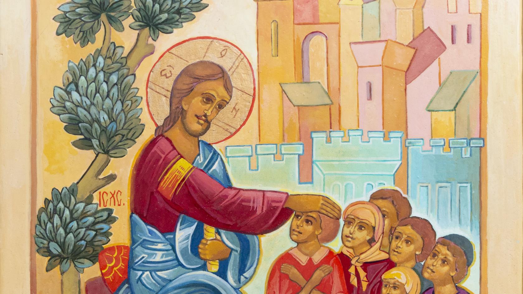 En ikonmålning visar hur Jesus välsignar barnen.