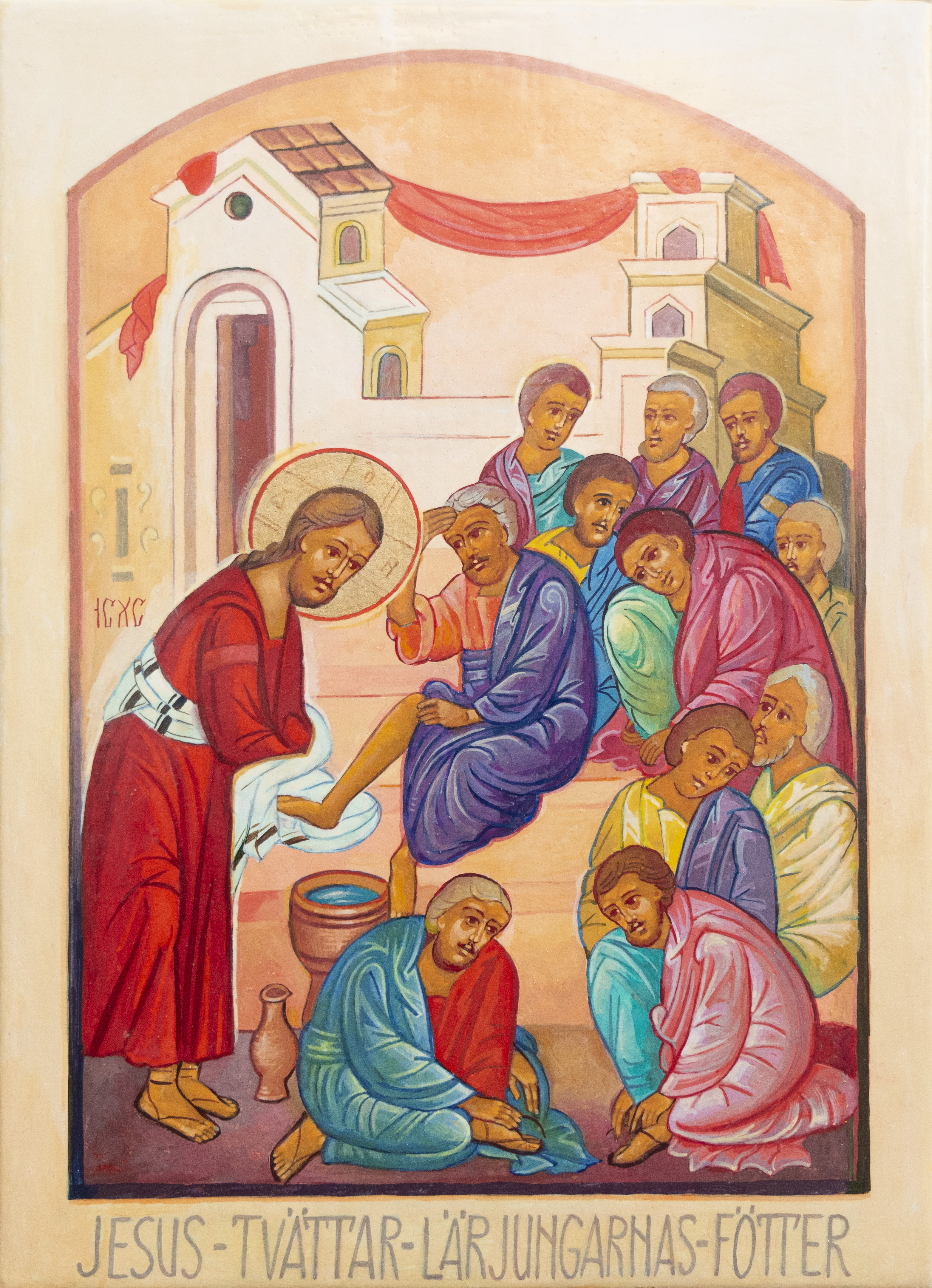 En ikonmålning visar när lärjungarna tvättar sina fötter.