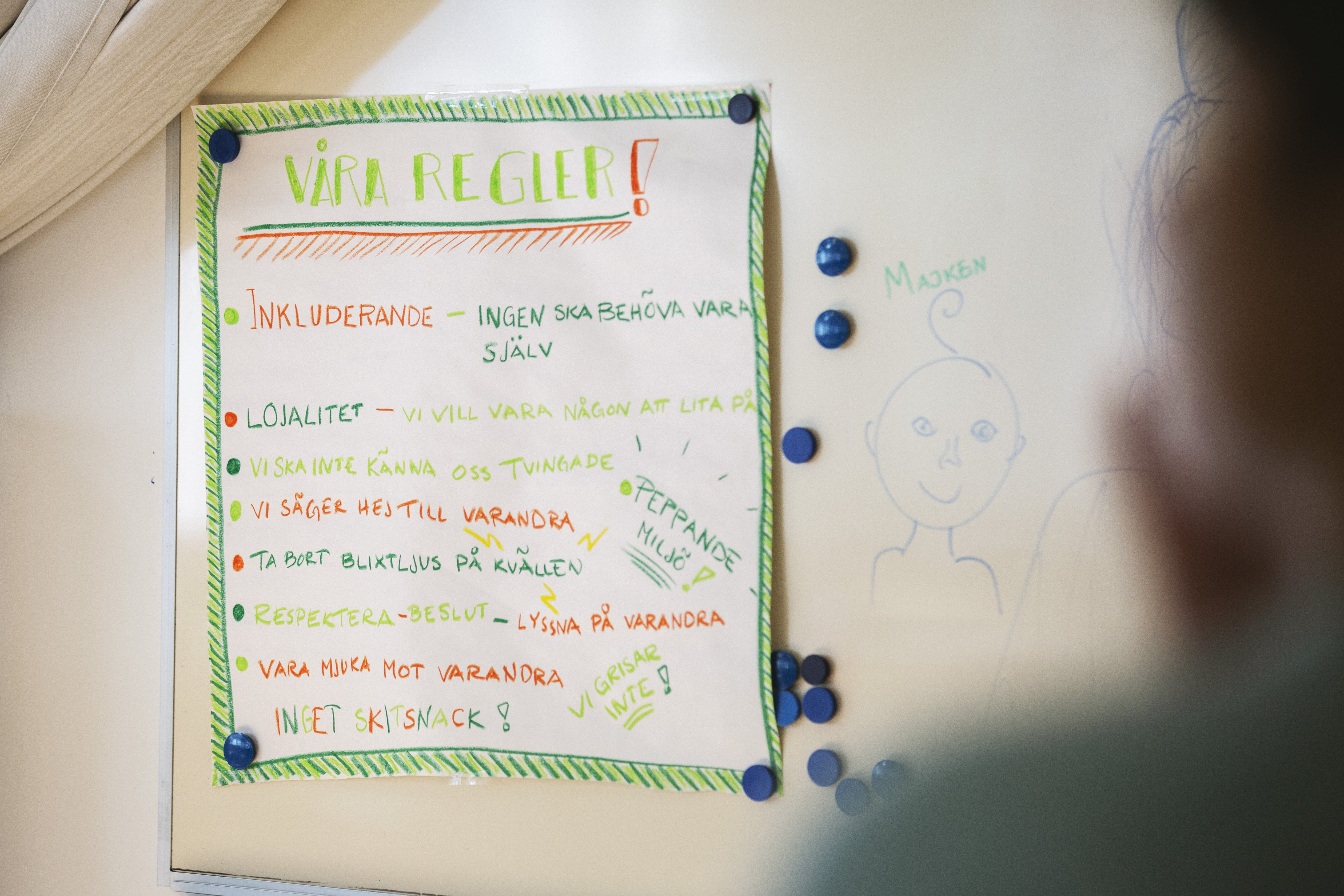 Regler om hur vi behandlar varandra skrivna på en whiteboardtavla