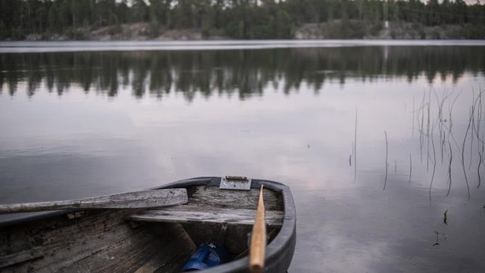 En gammal eka ligger med aktern i vattnet i det spegelblanka vattnet.