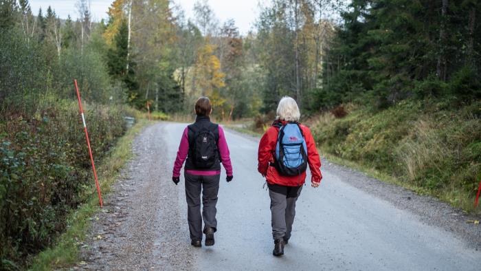 Två kvinnor vandrar på en landsväg.