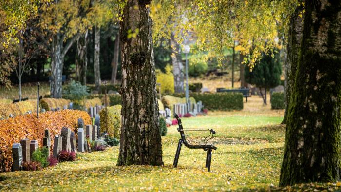 Höstlöven har börjat falla på en kyrkogård.