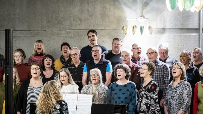 En kär med män och kvinnor i blandade åldrar sjunger inne i en kyrka. 