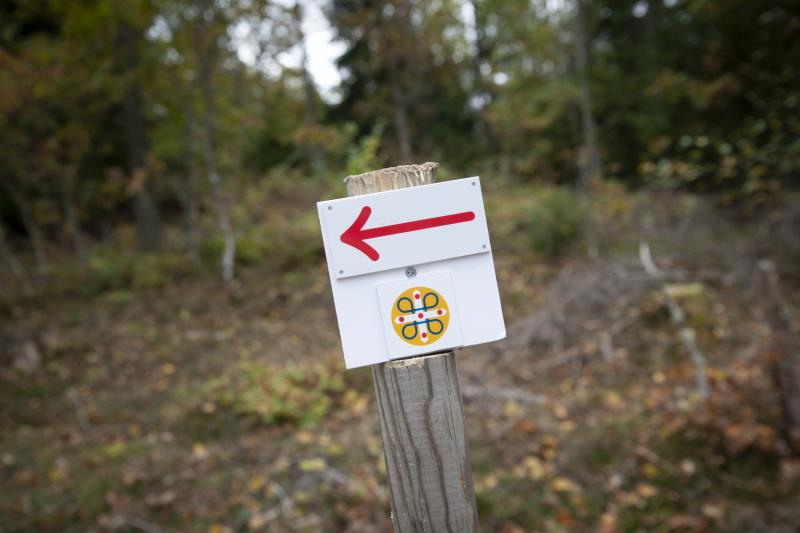 En skylt i skogen pekar ut riktningen för Pilgrimsleden.