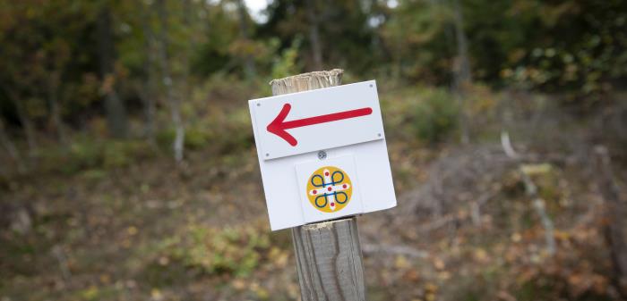 En skylt i skogen pekar ut riktningen för Pilgrimsleden.
