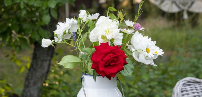 En vas med sommarblommor står på ett bord i trädgården.