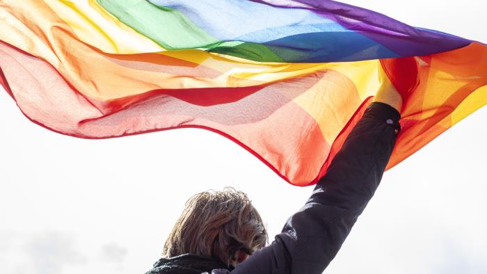 Två personer håller upp regnbågsflaggan mot himlen.