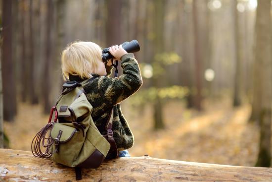 Ett litet barn med ryggsäck sitter på en stock i skogen och tittar upp i träden genom en kikare.