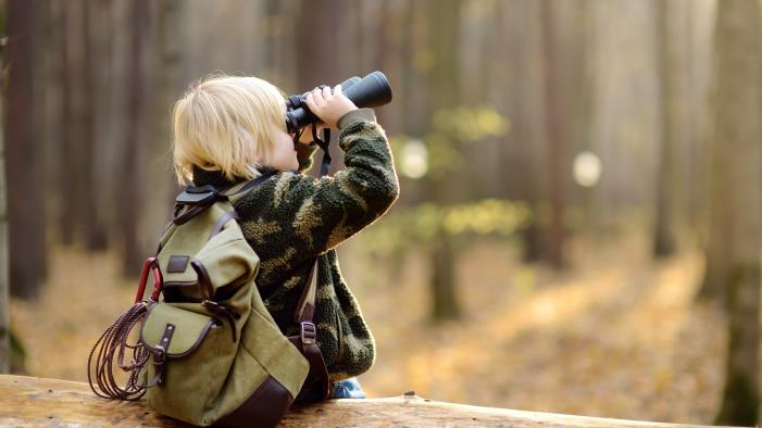 Ett litet barn med ryggsäck sitter på en stock i skogen och tittar upp i träden genom en kikare.