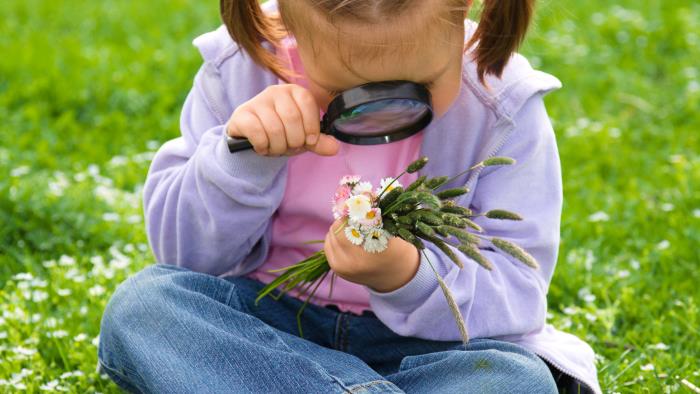 En liten flicka med förstoringsglas sitter på gräset och studerar buketten hon just plockat. 