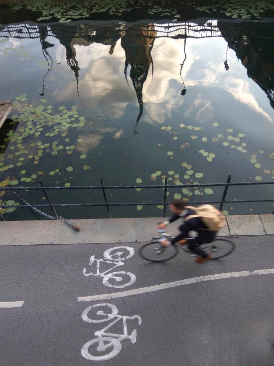 En man som cyklar snabbt på en cykelbana intill en å, fotograferad ovanifrån.
