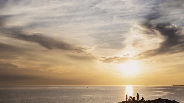 På en klippa vid havet har en grupp personer slagit sig ner för att se på solnedgången.