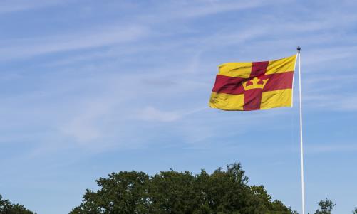 En flaggstång med Svenska kyrkans flagga mot blå himmel och några trädkronor.