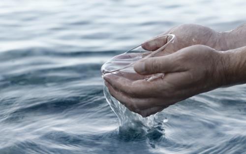 Händer håller i en glasskål med vatten som lyfts upp ur en sjö.