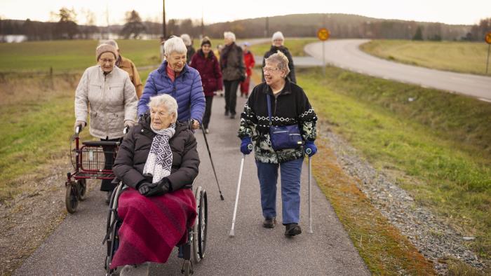 En grupp äldre personer är ute och promenerar tillsammans på en cykelväg vid en landsväg.