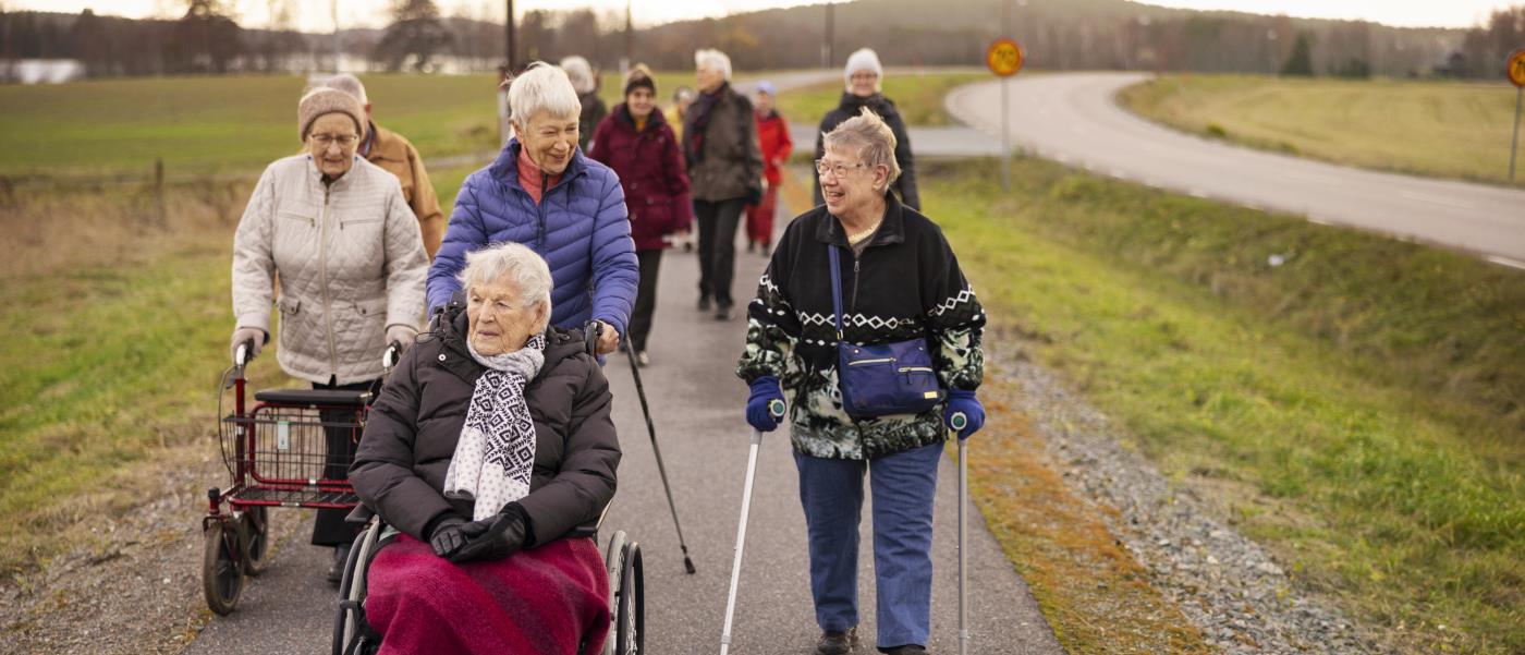 En grupp äldre personer är ute och promenerar tillsammans på en cykelväg vid en landsväg.