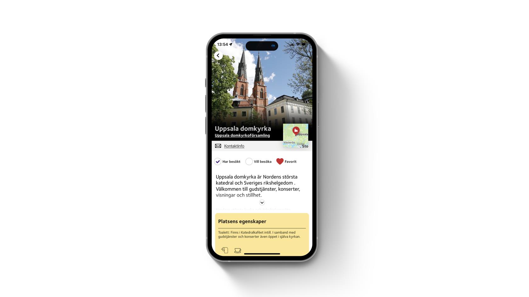 En smartphone som visar Svenska kyrkans app på skärmen.