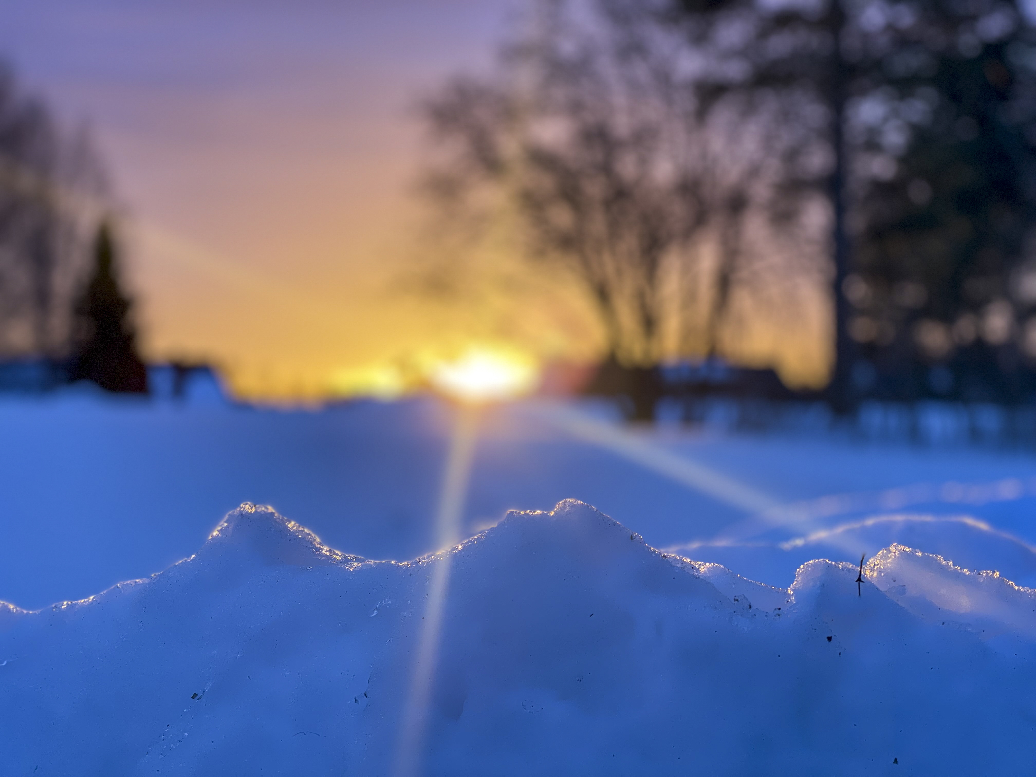 Solnedgång i vintrigt landskap.